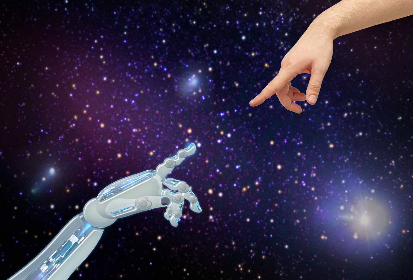 Human and Robot Hands over Space Background